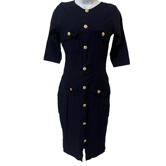 Renata Simonceles Women's Navy Crew Neck Midi Dress Gold Buttons Small - Picture 1 of 7